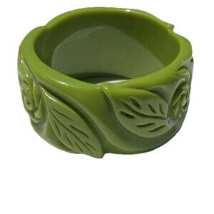 Vintage Wide Leaf Carved Bangle Leaf Green 80’s Boho Women’s Sz 8” Quality Pc